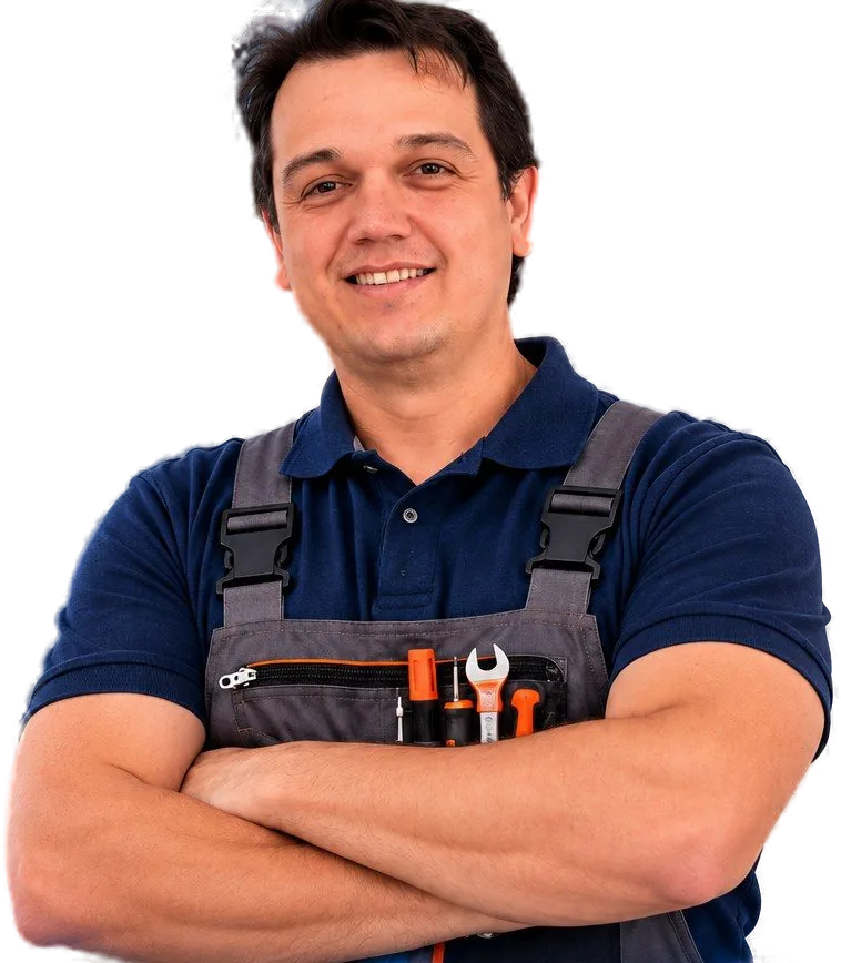 Regis Lima, de macacão de trabalho com ferramentas no bolso, sorrindo de braços cruzados